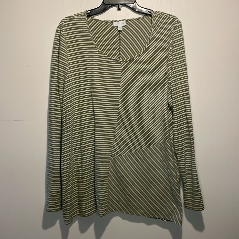 J. Jill- Tunic Top Cream & Green Striped Long Sleeve Basic Shirt- Size XL